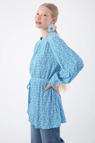 Mavi-Beyaz-Desenli Biye Kemerli Rahat Piliseli Likralı Tunik - Resim 5