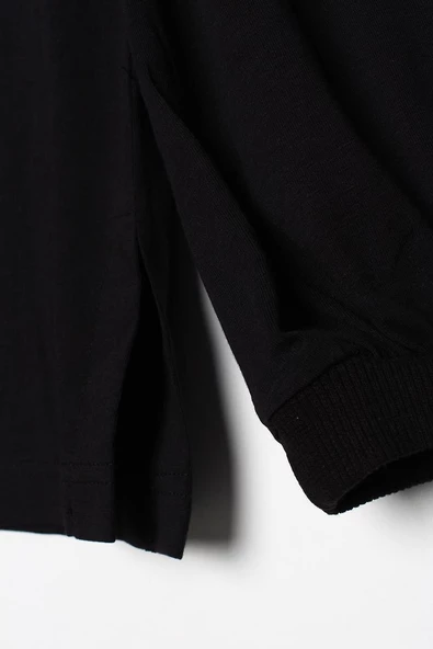 Siyah-Bisiklet Yaka Kol Ucu Büzgülü Likralı Pamuklu Bluz - Resim 6