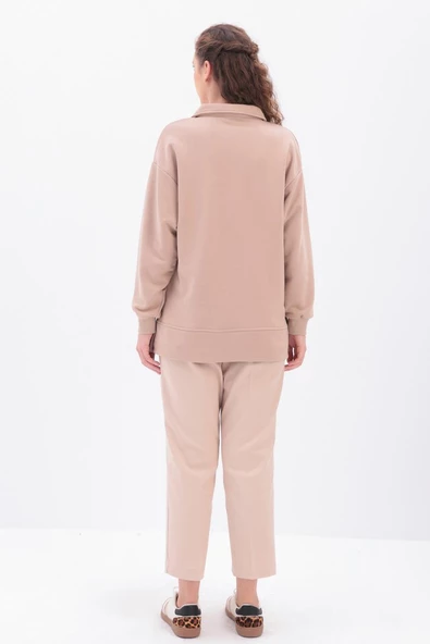 Bej-Yanları Fermuarlı Yakalı Sweat Tunik - 4