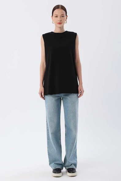 Siyah-Pamuklu Çift Taraflı Sıfır Kollu Şifon İçlik Bluz - Resim 4