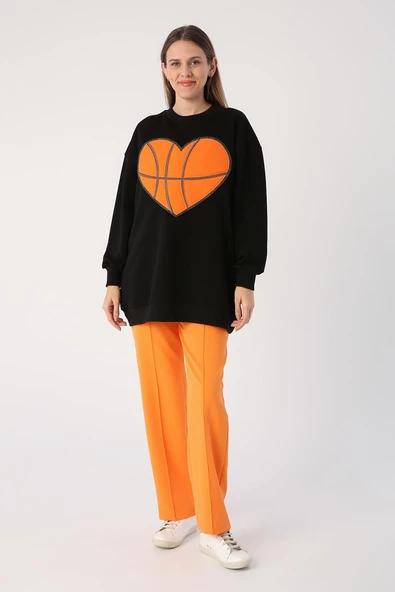 Siyah-Oversize Aplike Nakışlı Sweat - Resim 5