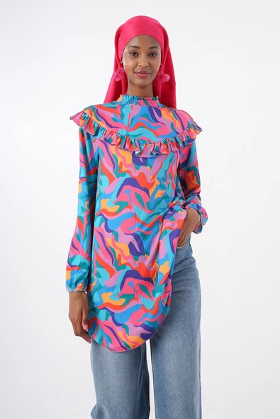 Turkuaz-Pembe-Robası Fırfırlı Emprime Desenli Tunik - Resim 5