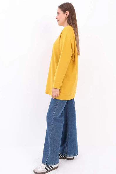 Sarı-Bisiklet Yaka Reglan Kol Likralı Sweat - Resim 3