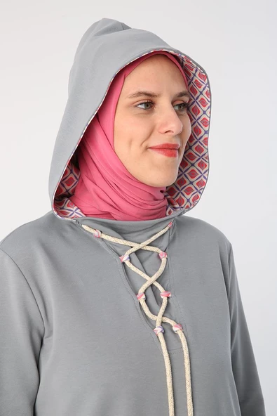 Gri-Bağlama Detaylı Kapüşonlu Uzun Tunik