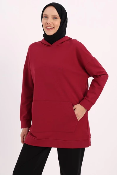 Bordo-Kapüşonlu Kanguru Cepli Likralı Sweat