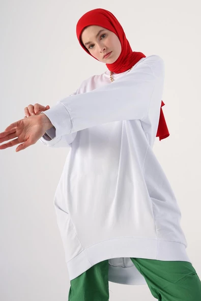 Beyaz-Yanları Pileli Ribanalı Likralı Sweat - Resim 5