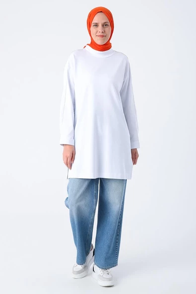 Beyaz-Pamuklu Dik Yaka Sim Dikişli Yıtmaçlı Tunik - Resim 2