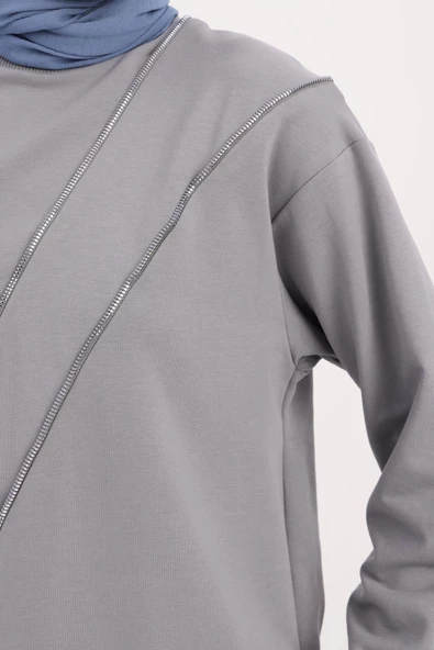 Gri-SÜS FERMUARLI SWEAT TUNİK - 5