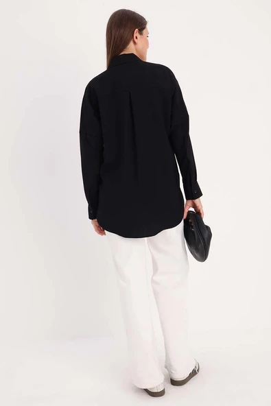 Siyah-Oversize Gömlek - Resim 4