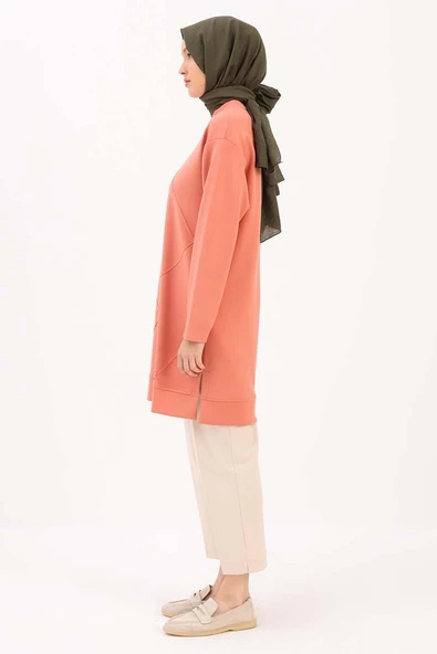 Somon-Taşlı Geometrik Çima Detaylı Likralı Tunik - Resim 3