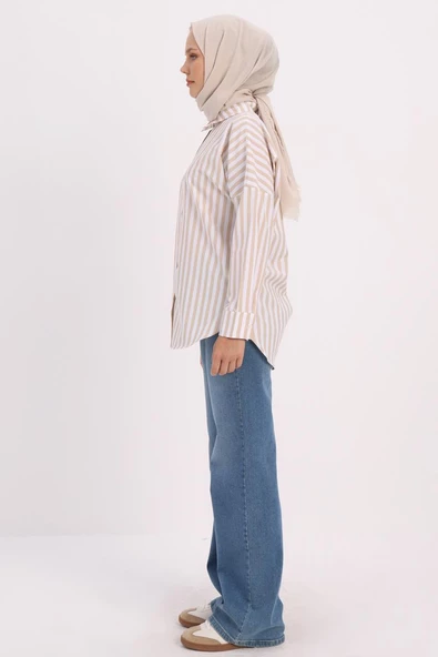 Bej-Beyaz-Oversize Basic Gömlek - 3