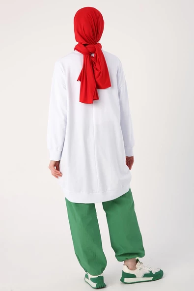 Beyaz-Yanları Pileli Ribanalı Likralı Sweat - Resim 4