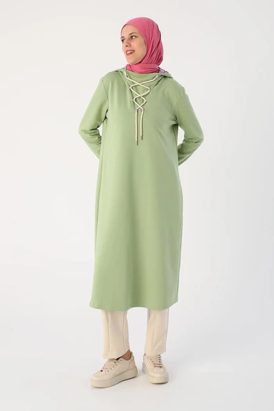 Açık Yeşil-Bağlama Detaylı Kapüşonlu Uzun Tunik - 3