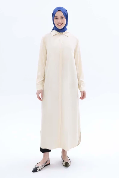 Ekru-Gizli Patlı Gömlek Tunik - Resim 2