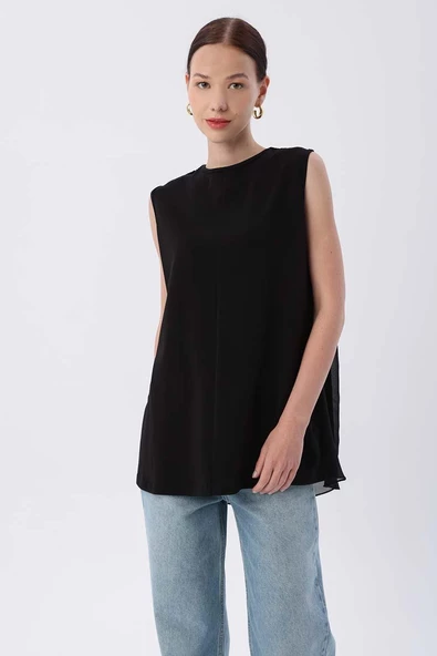 Siyah-Pamuklu Çift Taraflı Sıfır Kollu Şifon İçlik Bluz - Resim 2