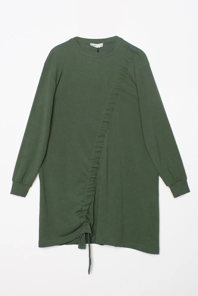 Yeşil-Büzgülü Bağlama Detaylı Bisiklet Yaka Likralı Tunik - Resim 6