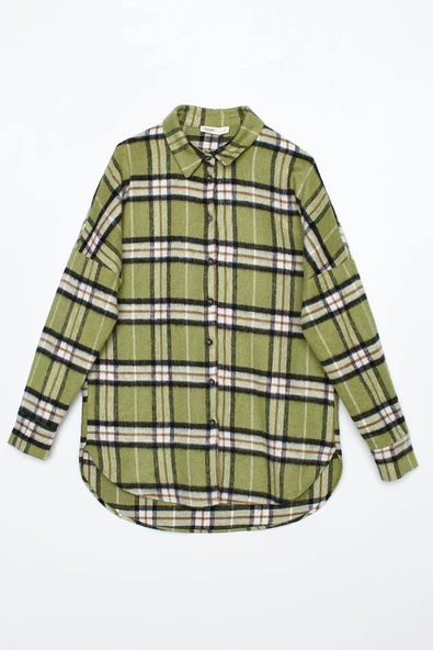 Yeşil-Siyah-Oversize Oduncu Gömlek Tunik - Resim 6