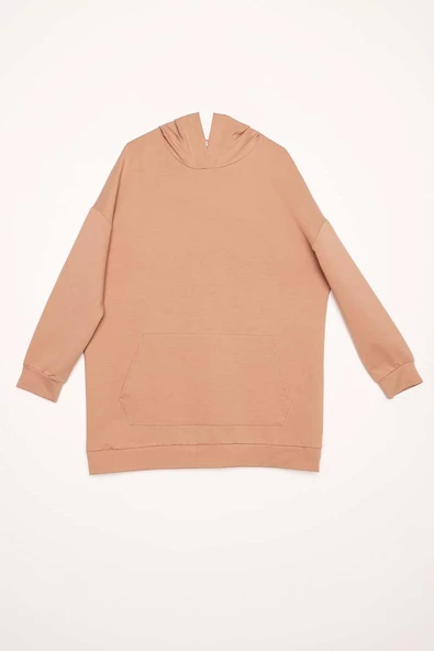 Bej-Kapüşonlu Kanguru Cepli Likralı Sweat - 7