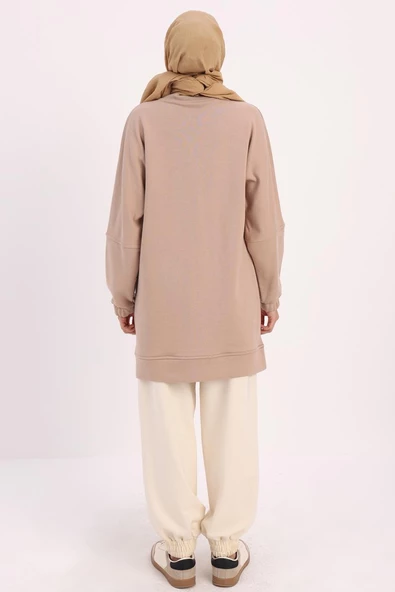 Bej-DİK YAKALI FERMUARLI SWEAT TUNİK - Resim 4