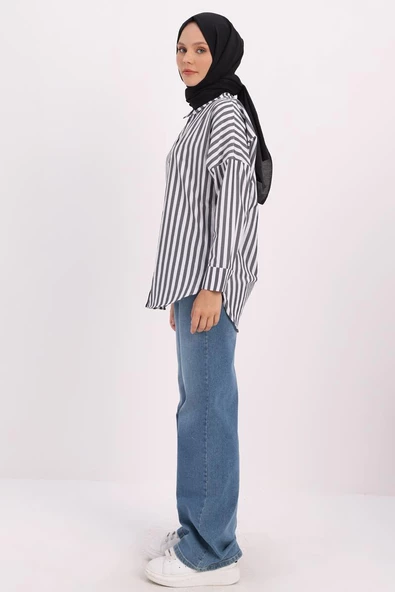 Siyah-Beyaz-Oversize Basic Gömlek - 3