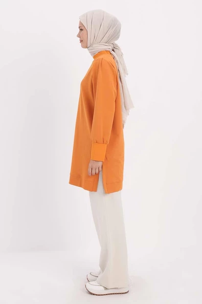 Turuncu-TAŞ YAZILI KOLU PİLELİ YANI YIRTMAÇLI TUNİK - Resim 3
