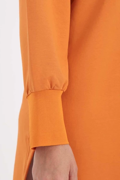 Turuncu-TAŞ YAZILI KOLU PİLELİ YANI YIRTMAÇLI TUNİK - Resim 5