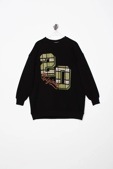 Siyah-Oversize Ekose Aplike Nakışlı Sweatshirt - 8