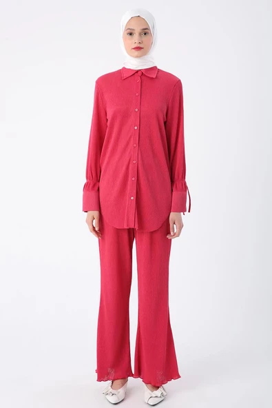 Fuşya-Piliseli Kolları Bağcık Detaylı Gömlek Tunik - Resim 2