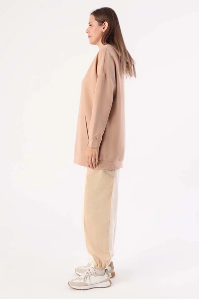 Bej-Kapüşonlu Kanguru Cepli Likralı Sweat - 3