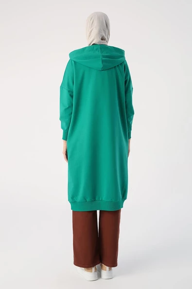 Zümrüt01-Kuşgözlü Kapüşonlu Cepli Sweat Tunik - Resim 4