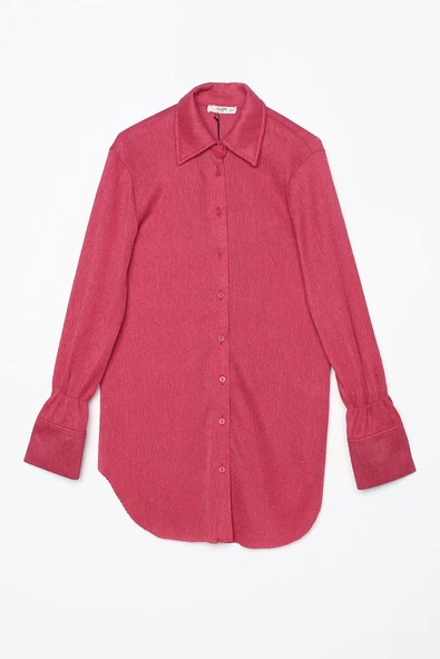 Fuşya-Piliseli Kolları Bağcık Detaylı Gömlek Tunik - Resim 7