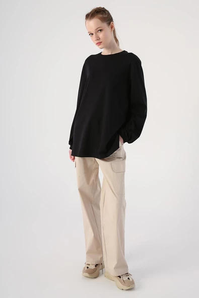 Siyah-Bisiklet Yaka Kol Ucu Büzgülü Likralı Pamuklu Bluz - Resim 4