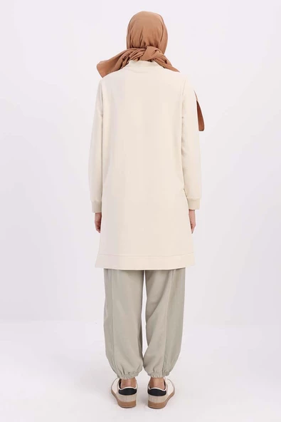Ekru-FERMUAR CEPLİ YIRTMAÇLI SWEAT TUNİK - 4