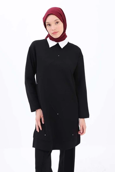 Siyah-Taşlı Geometrik Çima Detaylı Likralı Tunik ürün görseli