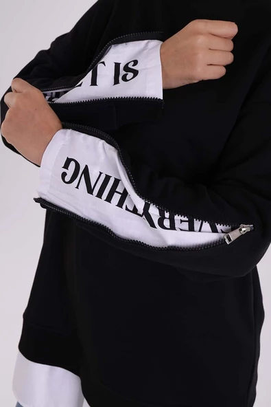 Siyah-Kolları Fermuarlı Dokuma Garnili Oversize Sweat - 6