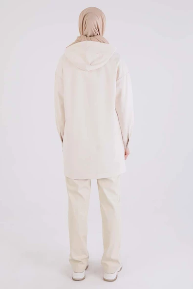 Ekru-Deri Garnili Kapüşonlu Tunik - Resim 3