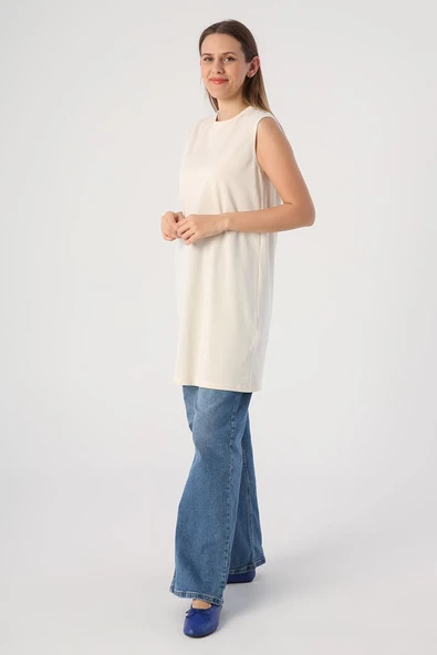 Ekru-Yaka Biyeli Kolsuz Likralı T-shirt - Resim 3