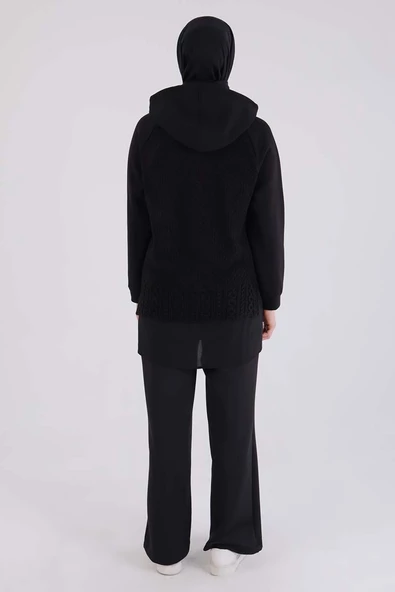 Siyah-Triko Garnili Kapüşonlu Sweatshirt - 4