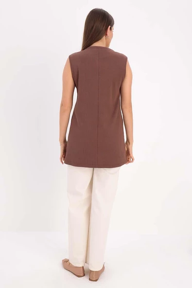 Açık Kahve-Pamuklu Fitilli Kolsuz Likralı T-Shirt - Resim 4