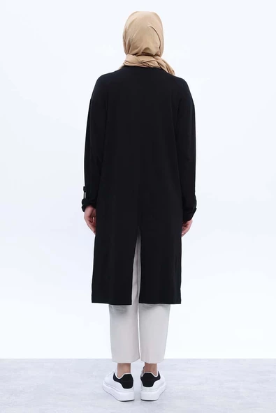 Siyah-Pamuklu Arkadan Yırtmaçlı Apoletli Likralı Tunik - Resim 4