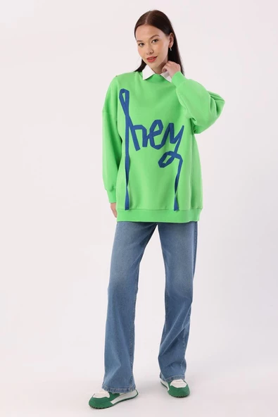 Neon Yeşil-Oversize Şardonlu Şerit Detaylı Sweatshirt - Resim 5