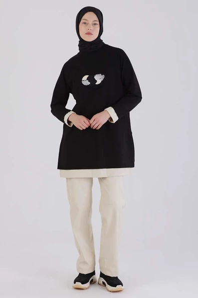 Siyah-Deri Garnili Nakışlı Tunik ürün görseli