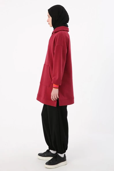 Bordo-Çıtçıt Yakalı Ribana Detaylı Şardonlu Sweat - 3