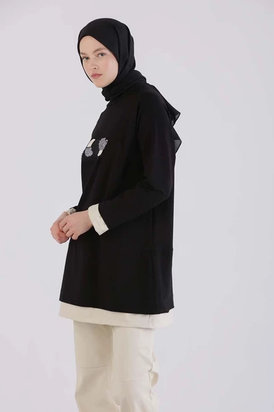 Siyah-Deri Garnili Nakışlı Tunik - Resim 5