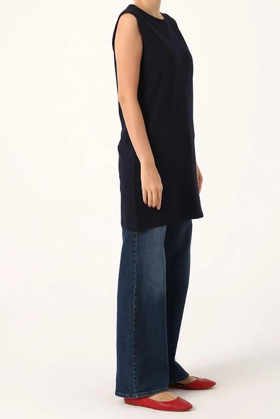 Lacivert-Yaka Biyeli Kolsuz Likralı T-shirt - Resim 2