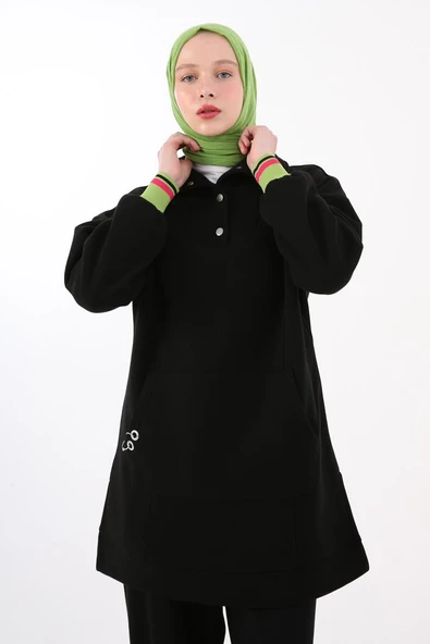 Siyah-Çıtçıt Yakalı Ribana Detaylı Şardonlu Sweat - Resim 5