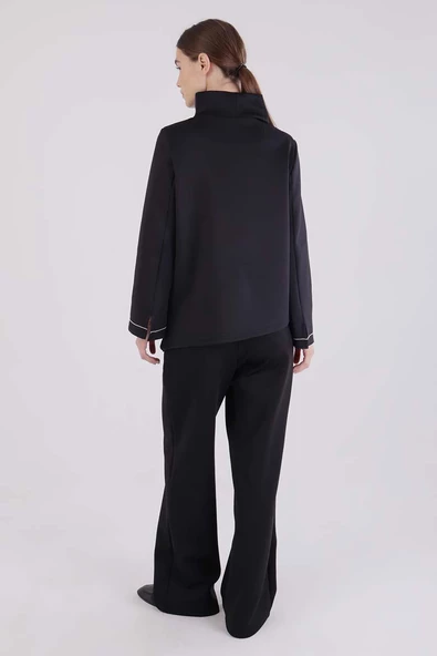 Siyah-Dik Yaka Kolu Yırtmaçlı Likralı Scuba Bluz - Resim 4