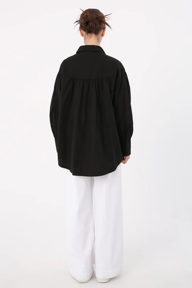Siyah-Oversize Sivri Yaka Büzgülü Balon Kol Gömlek - Resim 4