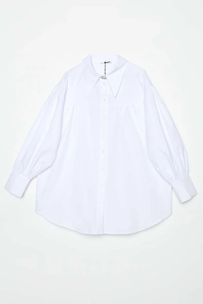 Beyaz-Oversize Sivri Yaka Büzgülü Balon Kol Gömlek - Resim 8