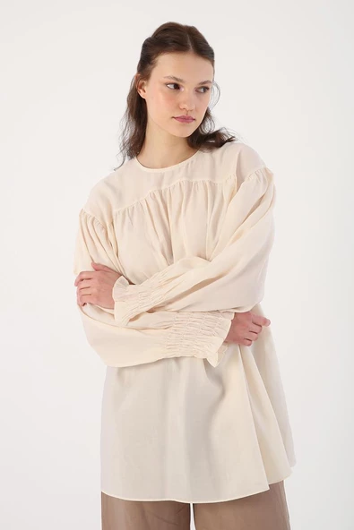 Ekru-Gipe Lastik Kol Detaylı Bisiklet Yaka Tunik - Resim 5